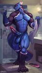  abs anthro balls bathroom blue_body claws dragon erection foreskin genitals hi_res horn male muscular muscular_male nipples penis shower solo sweatysabel towel 