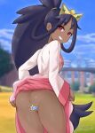  1girl absurdres artsheops ass bangs blurry blurry_background blush censored clothes_lift cloud commentary_request dark-skinned_female dark_skin day eyelashes from_behind grin hair_rings hair_tie highres iris_(pokemon) lifted_by_self long_hair looking_at_viewer looking_back novelty_censor outdoors pink_skirt pokemon pokemon_(game) pokemon_bw2 pokemon_masters_ex ponytail presenting red_eyes shiny shiny_skin shirt signature skirt skirt_lift sky smile solo teeth tiara tied_hair very_long_hair watermark white_shirt 