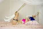  asian bdsm bed blue_hair bondage boots bound cosplay female fuuka midriff photo rope setsugetsu solo 