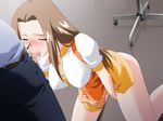  :&gt;= animated animated_gif apron belt blinking blush breasts brown_hair censored chair clothed_masturbation clothed_sex dutch_angle fellatio fingering game_cg gif green_eyes indoors innai_kansen innai_kansen_3 kneeling large_breasts long_hair masturbation mutou_keiji office_chair on_floor open_fly oral penis pussy_juice standing unzipped waitress 