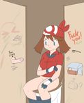  blue_eyes brown_hair covering glory_hole gloves haruka_(pokemon) penis pokemon toilet uncensored 