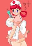 angry ass blush breasts cleavage drugs joy_(pokemon) no_panties nurse pokemon syringe 