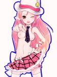  bb blush breasts brown_eyes hat lucia necktie pangya pink_hair pointing pointy_ears smile wink yummy_yoi 