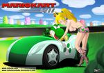  1girl blonde_hair bracelet breasts car crown ear_piercing earrings ground_vehicle hetero high_heels interspecies jewelry mario_(series) mario_kart miniskirt money motor_vehicle nintendo nipples piercing princess_peach prostitution skirt super_mario_bros. tekuho_no_habo topless yoshi 