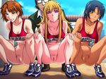  black_rainbow blonde_hair blush bottomless breasts censored cleavage dark_skin kasatani_rie kouno_takako multiple_girls murakoshi_shinta pussy saiminjutsu_2 shinomiya_mari shoes smile sneakers 