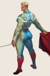  1boy artist_name ass back bara blade blonde_hair blue_eyes bullfighting cape ear_piercing earrings highres huge_ass jewelry jouvru looking_at_viewer looking_back male_focus muscular muscular_male original piercing shoes socks thick_arms thick_thighs thighs tight 