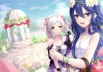  2girls absurdres bangs bare_shoulders basket blue_eyes blue_hair blue_sky breasts cleavage closed_mouth cloud collarbone dress fire_emblem fire_emblem_awakening fire_emblem_heroes flower hair_between_eyes hair_flower hair_ornament highres holding holding_basket long_hair looking_at_viewer lucina_(fire_emblem) multiple_girls official_alternate_costume open_mouth outdoors reia_hana robin_(fire_emblem) robin_(fire_emblem)_(female) sky sleeveless sleeveless_dress small_breasts smile symbol-shaped_pupils symbol_in_eye teeth twintails twitter_username upper_teeth white_dress white_hair yellow_eyes 