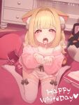  1girl absurdres ahoge animal_ear_fluff animal_ears bangs blonde_hair blush cardigan cat_ears cat_girl condom condom_box condom_wrapper cum cum_in_mouth cum_on_hands cupping_hands cushion dress eyebrows_visible_through_hair heart_ahoge highres kemomimi_refle! kuyukian3 long_hair looking_at_viewer nekoma_karin pink_cardigan red_eyes rug second-party_source sitting solo thighhighs virtual_youtuber white_day white_dress white_legwear 