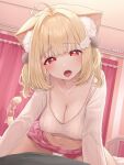  1girl absurdres ahoge animal_ear_fluff animal_ears bangs blonde_hair blush breasts cat_ears cat_girl cat_tail cleavage eyebrows_visible_through_hair hair_ornament heart_ahoge highres kemomimi_refle! kuyukian3 large_breasts looking_at_viewer medium_hair mouth_hold nekoma_karin open_mouth pink_ribbon plaid plaid_skirt red_eyes ribbed_shirt ribbon saliva second-party_source shirt skirt solo tail tail_ornament tail_ribbon virtual_youtuber white_shirt wing_hair_ornament 