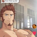  1boy brown_hair closed_mouth commentary_request cover_them_up_slut_(meme) cross_scar dialogue_box facial_hair fate/grand_order fate_(series) goatee grey_eyes heart indoors large_pectorals loboke long_sideburns looking_at_viewer male_focus meme muscular muscular_male napoleon_bonaparte_(fate) pectorals scar scar_on_chest short_hair sideburns solo spiked_hair topless_male 