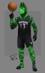  absurd_res anthro ball barefoot basketball basketball_(ball) basketball_uniform black_body black_clothing black_fur clothing equid equine feet fur green_body green_fur green_stripes hi_res hooves looking_at_viewer male mammal simple_background solo solo_focus sportswear striped_body striped_fur stripes totobun uniform zebra 