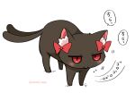  :3 animal_ear_fluff artist_name black_cat blush bow cat flying_sweatdrops full_body jitome kaenbyou_rin kaenbyou_rin_(cat) looking_at_viewer multiple_tails nekomata no_humans noai_nioshi red_bow red_eyes simple_background slit_pupils tail touhou translation_request two_tails white_background 
