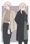  2girls 5ya_ngi :d axis_powers_hetalia bag bangs belarus_(hetalia) black_coat black_legwear black_pants blonde_hair brown_hair brown_sweater coat earrings feet_out_of_frame green_eyes green_skirt hair_ornament hair_ribbon hairclip hand_in_pocket handbag highres jacket jacket_on_shoulders jewelry long_hair multiple_girls pants pantyhose purple_eyes ribbon short_hair sidelocks skirt smile standing sweater ukraine_(hetalia) x_hair_ornament 