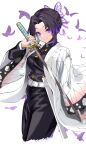  1girl bangs belt black_hair blush breasts butterfly_hair_ornament buttons gradient_hair hair_ornament haori highres japanese_clothes katana kimetsu_no_yaiba kochou_shinobu large_breasts long_hair long_sleeves looking_at_viewer multicolored_hair parted_bangs purple_eyes purple_hair sheath sidelocks smile solo spider_apple sword weapon white_belt wide_sleeves 