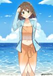  1girl bikini blue_sweater brown_hair chaa_(korone-ze) collarbone eyebrows_visible_through_hair green_eyes highres hiryuu_(kancolle) kantai_collection looking_at_viewer midriff navel official_alternate_costume one_side_up orange_bikini orange_sarong sarong short_hair smile solo striped striped_sweater sweater swimsuit twitter_username 