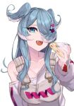  1girl bangs blue_eyes blue_hair blue_nails breasts cake cleavage collarbone elira_pendora fangs food grey_overalls hair_over_one_eye head_wings highres holding holding_food large_breasts leaning_forward long_hair looking_to_the_side mole namiura nijisanji nijisanji_en off_shoulder one_eye_covered open_mouth overalls solo sweater virtual_youtuber white_background white_sweater 