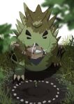  absurdres black_eyes blurry bright_pupils closed_mouth gardening grass half-closed_eyes hida_rite highres holding holding_watering_can looking_down no_humans outdoors pokemon pokemon_(creature) smile solo sprout standing tyranitar water watering_can 