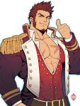  1boy abs artist_name bara belt biceps buttons collared_shirt facial_hair fate/grand_order fate_(series) long_sideburns looking_at_viewer male_focus manly military military_uniform muscular muscular_male napoleon_bonaparte_(fate) open_clothes open_shirt pectoral_cleavage pectorals red_hair scar scar_on_chest shirt sideburns smile spiked_hair thick_arms thick_eyebrows thumbs_up tight uniform xelgot 