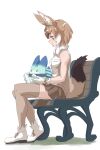  1girl animal_ear_fluff animal_ears bare_arms bench boots commentary dhole_(kemono_friends) extra_ears eyebrows_visible_through_hair from_side full_body gloves grey_legwear highres kemono_friends light_brown_hair looking_down lucky_beast_(kemono_friends) multicolored_hair pleated_skirt profile shirt short_hair simple_background sitting skirt sleeveless sleeveless_shirt smile tail tanabe_(fueisei) thighhighs two-tone_hair white_footwear white_gloves white_hair 