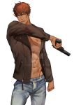  1boy abs bara blood blood_on_face bruise dark-skinned_male dark_skin ear_piercing earrings gun injury jacket jewelry jouvru muscular muscular_male original pants pectoral_cleavage pectorals piercing red_eyes red_hair scar watermark weapon 