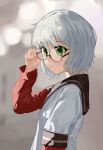  1girl absurdres adjusting_eyewear bangs blurry blurry_background brown_sailor_collar closed_mouth commentary expressionless glasses green_eyes grey_hair highres ikeda_chizuru keibi_inu layered_sleeves long_sleeves red_shirt sailor_collar school_uniform serafuku shirt short_hair short_over_long_sleeves short_sleeves solo upper_body white_shirt yuru_yuri 