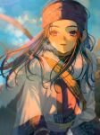  1girl ainu_clothes asirpa bandana blue_eyes blue_sky blurry bow_(weapon) brown_hair cape day depth_of_field earrings floating_hair fur_cape golden_kamuy headband highres hoop_earrings jewelry long_hair long_sleeves looking_afar sash scarf shichi_(kotoneco0711) sky solo sunlight upper_body weapon weapon_on_back white_cape wind 