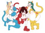  3girls :d all_fours alternate_costume animal_ears animal_hands blonde_hair blue_eyes blush boku_no_hero_academia breasts brown_eyes brown_hair cat_ears cat_lingerie cleavage cleavage_cutout clothing_cutout fake_animal_ears fake_tail from_behind full_body gloves green_hair highres kimleon kneeling long_hair looking_at_viewer looking_back mandalay_(boku_no_hero_academia) medium_breasts meme_attire multiple_girls open_mouth paw_gloves paw_pose paw_print pixie-bob_(boku_no_hero_academia) ragdoll_(boku_no_hero_academia) short_hair simple_background smile tail teeth thighhighs tongue tongue_out white_background yellow_eyes 