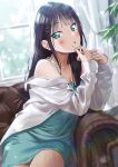  1girl :o aqua_dress aqua_eyes bangs black_hair blunt_bangs blush dress eyebrows_visible_through_hair hair_ornament highres kurosawa_dia long_hair looking_at_viewer love_live! love_live!_sunshine!! mole mole_under_mouth off_shoulder shirt sitting sleeveless sleeveless_dress solo sonsoso white_shirt x_hair_ornament 