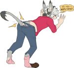  anthro asinus clothing donkey equid equine fujoshiineko grey_hair hair hi_res human male mammal red_clothing red_shirt red_topwear shirt simple_background solo species_transformation tail_growth_in_pants tail_tenting topwear transformation transformation_sequence 