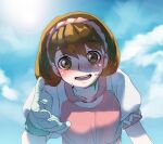  1girl brown_eyes brown_hair cloud gensou_suikoden gensou_suikoden_ii gloves hairband looking_at_viewer nanamako nanami_(suikoden) open_mouth outstretched_hand puffy_short_sleeves puffy_sleeves shirt short_hair short_sleeves smile solo sweat 