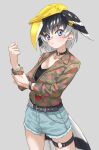  1girl absurdres belt bird_tail black_choker black_hair blue_eyes blue_shorts bracelet choker clenched_hand closed_mouth collarbone commentary cowboy_shot cutoffs eyebrows_visible_through_hair great_hornbill_(kemono_friends) grey_background hat head_wings highres jewelry kemono_friends long_sleeves looking_at_viewer multicolored_hair o-ring o-ring_choker print_shirt shirt short_shorts shorts simple_background solo tail tanabe_(fueisei) thigh_strap two-tone_hair white_hair 