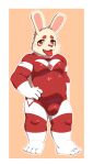  absurd_res aciag barefoot belly bulge clothing feet hero hi_res humanoid lagomorph leporid looking_at_viewer male mammal overweight overweight_male rabbit red_clothing simple_background solo standing tongue tongue_out 