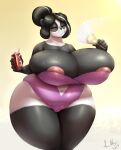  anthro areola areola_slip beverage_can big_breasts bodily_fluids breasts can clothing container curvy_figure eyes_closed female folding_fan giant_panda hair hair_bun hi_res holding_can holding_container holding_fan holding_object huge_breasts huge_hips huge_thighs mammal marauder6272 multicolored_body multicolored_hair navel one-piece_swimsuit patty_dangao pink_areola solo sweat sweaty_breasts swimwear thick_thighs two_tone_body two_tone_hair ursid wide_hips 