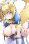  1girl animal_ears aqua_eyes arched_back artoria_pendragon_(fate) blonde_hair braid breasts cosplay english_commentary fate/grand_order fate_(series) french_braid gloves highres hot_vr large_breasts light_blush looking_at_viewer mash_kyrielight mash_kyrielight_(dangerous_beast) mash_kyrielight_(dangerous_beast)_(cosplay) saber shrug_(clothing) solo tail thighhighs 