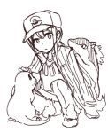  1boy bangs baseball_cap charmander closed_mouth crossover cyndaquil fate/grand_order fate_(series) flame-tipped_tail full_body greyscale hair_between_eyes hat highres jacket jacket_on_shoulders koha-ace long_hair looking_at_viewer male_focus monochrome oda_nobukatsu_(fate) pants petting poke_ball_symbol pokemon pokemon_(creature) shirt shoes simple_background squatting tachitsu_teto white_background 