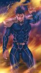  1boy abs absurdres armor artist_name blue_bodysuit blue_hair bodysuit bulge closed_mouth cu_chulainn_(fate) cu_chulainn_(fate/stay_night) earrings english_commentary fate/stay_night fate_(series) fire gae_bolg_(fate) grin highres holding holding_polearm holding_weapon jewelry long_hair looking_at_viewer male_focus muscular muscular_male pauldrons pectorals polearm ponytail red_eyes shoulder_armor skin_tight smile solo spiked_hair suyohara weapon 
