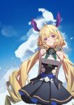  1girl bangs black_bow black_skirt blonde_hair blue_bow blue_hair bow cloud colored_tips enna_alouette eyebrows_behind_hair head_tilt head_wings high-waist_skirt highres lai_dou_laile_555 long_hair looking_at_viewer multicolored_hair nijisanji nijisanji_en purple_eyes skirt sky solo very_long_hair virtual_youtuber 