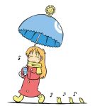  1girl arawi_keiichi bird blush chick closed_eyes closed_mouth coat eyebrows_visible_through_hair facing_viewer holding holding_umbrella long_hair musical_note nichijou orange_hair professor_shinonome red_coat smile solo umbrella 