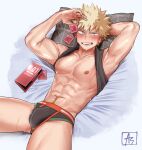  1boy abs armpits as_(as21_00) bakugou_katsuki bed_sheet black_male_underwear blonde_hair blush boku_no_hero_academia bulge condom condom_box highres holding holding_condom male_focus male_pubic_hair male_underwear nipples open_mouth pectorals pillow pubic_hair red_eyes signature solo spiked_hair sweat teeth toned toned_male underwear white_background 