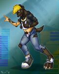  2009 blonde_hair bottomwear brown_body brown_fur bulge clothing dasyurid dasyuromorph digitigrade footwear fur hair human looking_back male mammal marsupial navel pants shirt shoes solo species_transformation tasmanian_devil topwear torn_clothing transformation underwear xids 