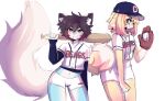  1boy 1girl absurdres anakoluth animal_ears ball baseball baseball_cap baseball_mitt baseball_uniform blonde_hair blue_eyes blush brown_eyes brown_hair closed_mouth contrapposto cowboy_shot crop_top dog_ears dog_girl dog_tail doosan_bears eyebrows_visible_through_hair fox_ears fox_girl fox_tail furry furry_female furry_male glasses hat highres holding holding_ball kbo_league looking_at_viewer midriff navel original otoko_no_ko parted_lips round_eyewear short_hair short_shorts shorts smile sportswear tail teeth white_shorts 