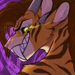  brown_hair brown_stripes charr fangs felid female fur glowing glowing_eyes grin guild_wars hair horn intimidation mammal oniteeth orange_body orange_fur pink_nose shya_barbshaft smile solo stripes teeth trans_(lore) trans_woman_(lore) video_games 