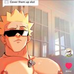  1boy bara blonde_hair cover_them_up_slut_(meme) dog_tags golewdgo heart large_pectorals male_focus meme muscular muscular_male nipples pectorals pokemon raised_eyebrow solo spiked_hair sunglasses surge_(pokemon) tiktok tiktok_logo topless_male 