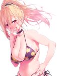  1girl bangs bikini black_bikini blonde_hair blush breasts choker ear_piercing earrings floral_print grin highres jewelry kitagawa_marin large_breasts long_hair looking_at_viewer onsoku_inu piercing ponytail red_eyes smile solo sono_bisque_doll_wa_koi_wo_suru swimsuit 