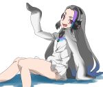  1girl :d bare_legs blue_hair commentary empty_eyes eyes_visible_through_hair forehead giant_penguin_(kemono_friends) gradient_hair grey_hair headphones jacket kemono_friends long_hair looking_at_viewer multicolored_hair open_mouth red_eyes simple_background skirt smile solo tail tanabe_(fueisei) very_long_hair white_background white_skirt 