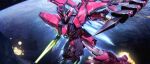  beam_saber blue_eyes explosion glowing glowing_eyes gundam gundam_epyon gundam_wing highres holding holding_sword holding_weapon mecha mobile_suit no_humans open_hand science_fiction shenpei_wu solo sword v-fin weapon 