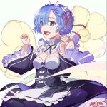  1girl :d apron artist_name bangs black_dress black_sleeves blue_eyes blue_hair breasts cleavage commentary_request curled_fingers dress eyebrows_visible_through_hair eyes_visible_through_hair flower forehead frilled_sleeves frills hair_ornament hair_over_one_eye hair_ribbon hands_up highres long_sleeves maid maid_apron maid_headdress medium_breasts miyo_(13th_floor) multicolored_hair open_mouth parted_bangs purple_hair re:zero_kara_hajimeru_isekai_seikatsu red_ribbon rem_(re:zero) ribbon smile solo streaked_hair two-tone_hair wide_sleeves x_hair_ornament 