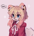  1girl anakoluth animal_ears blush dog_ears dog_girl dog_tail english_text eyebrows_visible_through_hair fang furry furry_female glasses highres hood hoodie looking_at_viewer open_mouth original red_hoodie round_eyewear smile solo speech_bubble tail upper_body 