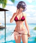  1girl bangs between_fingers bikini blurry breasts cloud cowboy_shot day depth_of_field eiyuu_densetsu esther_shen front-tie_bikini front-tie_top green_eyes grey_hair groin halterneck hand_up head_tilt looking_at_viewer medium_breasts navel ocean palm_leaf purple_bikini reflection sarong see-through sen_no_kiseki sharon_kreuger short_hair side-tie_bikini sky smile solo string_bikini swimsuit untied untied_bikini untying 