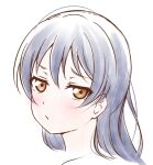  1girl anibache bangs birthday blue_hair blush brown_eyes commentary eyebrows_visible_through_hair frown long_hair looking_at_viewer love_live! love_live!_school_idol_project portrait solo sonoda_umi white_background 